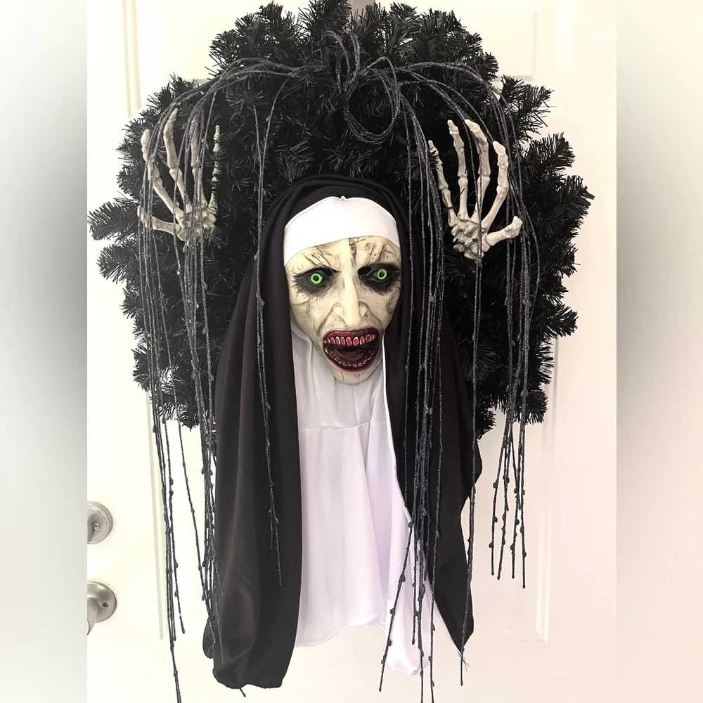 New Horror Bloody Nun Wreath Skeleton Hands Black Wreath Scary Demonic Halloween